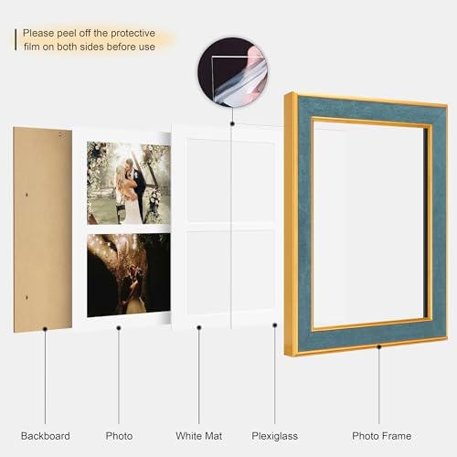 Suede 8.5x11 Picture Frame Display 2 Opening 5x7 Double Picture Frames Collage Wall or Tabletop Decor with Mat,Multi Photo Frame for Plexiglass,Wall Decor,1Pack,Blue - Image 2