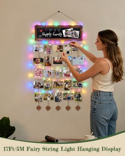 Bikoney Hanging Photo Display with String Lights, Clips & Chalkboard - Image 5