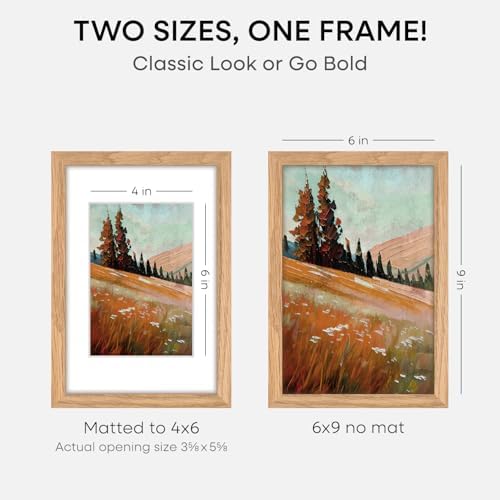 Homeforia 6x9 Natural Oak Picture Frame, High-End Wood, 4x6 Mat, Glass - Image 2