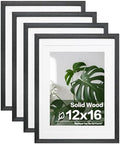 Egofine 12x16 Picture Frames Set of 4, Made of Solid Wood Covered by Plexiglass 9x12 and 11x14 with Mat or 12x16 without Mat, for Wall Mounting Photo Frame Rustic Black by Egofine