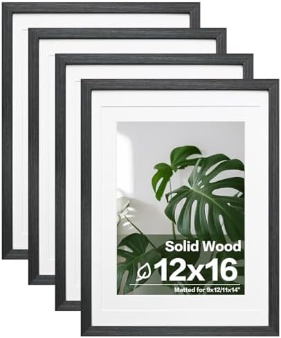 Egofine 12x16 Picture Frames Set of 4, Made of Solid Wood Covered by Plexiglass 9x12 and 11x14 with Mat or 12x16 without Mat, for Wall Mounting Photo Frame Rustic Black by Egofine