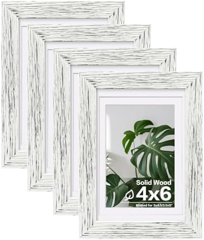 Egofine 4x6 Picture Frames Set of 4, Made of Solid Wood Covered by Plexiglass 3x4.5 and 3.5x5 with Mat or 4x6 without Mat, for Table Top Display and Wall Mounting Photo Frame, Driftwood White by Egofine