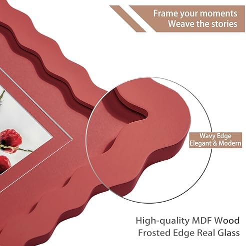 8x8 Red Picture Frame with Mat for 6x6/4x4, Curved Wavy Edge Deco Wooden Real Glass, Vertical or Horizontal Display Photo Gallery Wall & Tabletop Frame - Image 4