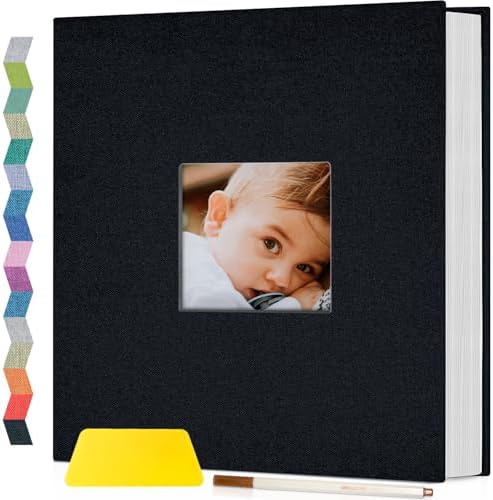 Popotop Photo Album Self Adhesive with Picture Display Window,60 Pages DIY Scrapbooking Supplies Kit for 4x6 10x12 Picture,Linen Cover Memory Book for Baby Wedding, with Scraper and Metallic Pen by Popotop