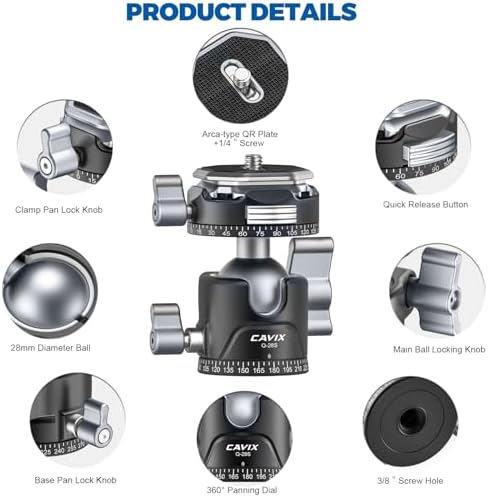 CAVIX Ball Head, Tripod Ball Head Mount 1/4" & 3/8" with Arca Quick Release Plate, 360° Rotating Panoramic Ball Head for DSLR Camera,Tripod,Monopod,Slider,Camcorder - 11 lbs/5kg Load - Image 4