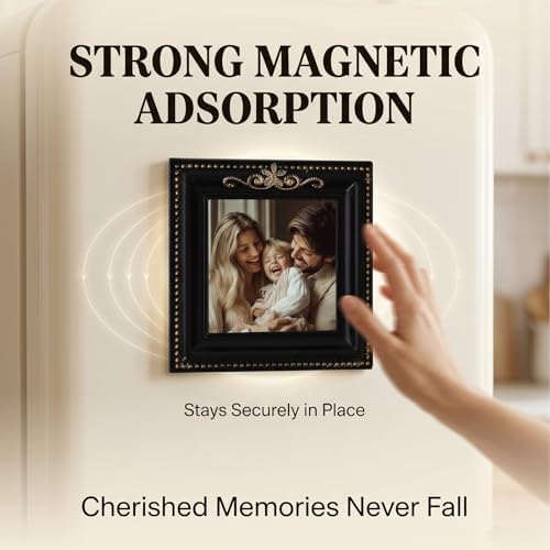 Retro Magnetic Picture Frames for Refrigerator, Set of 2 Mini Vintage Magnet Frames with Strong Magnetic Back, Resin Gold Black 4.33x4.33 inch for Kitchen Decor Photos (Black A) - Image 2