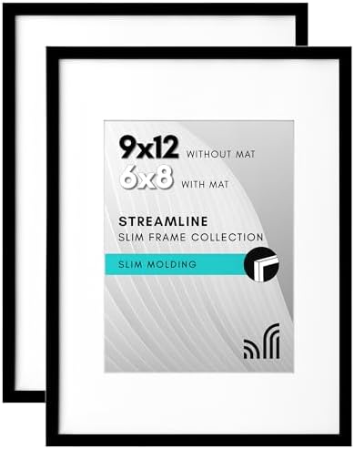 Americanflat 9x12 Picture Frame with Shatter-Resistant Glass - Set of 2 - Use as 6x8 Frame with Mat or Display 9x12 Photo Without Mat - Streamline Collection - Tabletop or Wall Display - Black by Americanflat