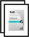 Americanflat 9x12 Picture Frame with Shatter-Resistant Glass - Set of 2 - Use as 6x8 Frame with Mat or Display 9x12 Photo Without Mat - Streamline Collection - Tabletop or Wall Display - Black by Americanflat