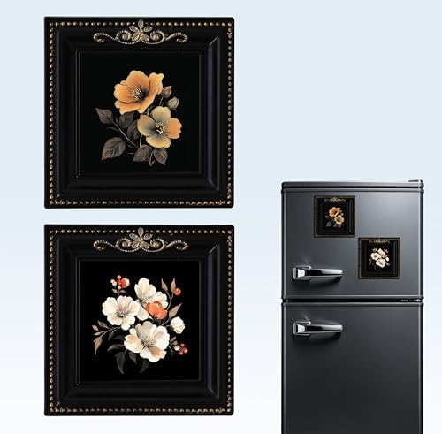 Retro Magnetic Picture Frames for Refrigerator, Set of 2 Mini Vintage Magnet Frames with Strong Magnetic Back, Resin Gold Black 4.33x4.33 inch for Kitchen Decor Photos (Black A) by curtaintiebacks