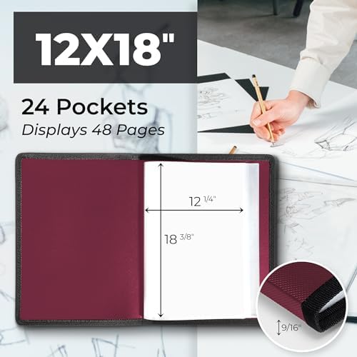 Dunwell 12x18 Art Portfolio Binder, 24-Sleeve, Black Mounting Paper, Ruby - Image 2