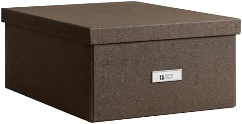 Bigso Katrin Collapsible Storage Box with Lid - Decorative Photo Storage Box with Label Holder for Easy Identification - Simple Assembly without Tools - W13.5 x D17.6 x H7.2 (inches) - Dark Brown by Bigso
