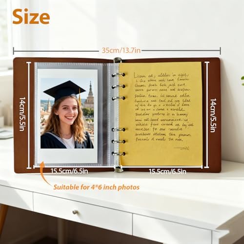 Photo Album 4x6, Leather Scrapbook Album with 50 Photos and 20 Writing Paper, DIY 6 Ring Binder Photo Album for Wedding Kids Birthday Family Travel - Image 3