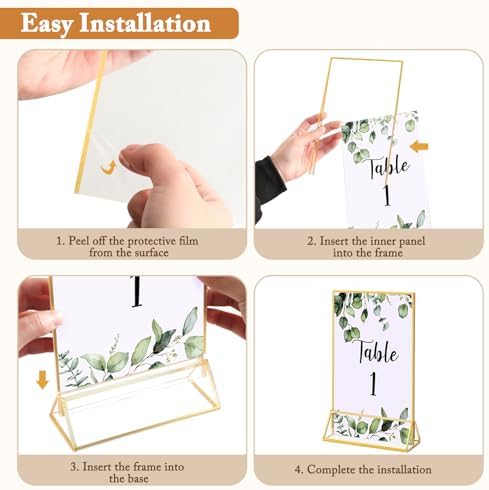 Floroom 6 Pack 4x6 Inch Clear Acrylic Sign Holders, Double-Sided Gold Display Stand Picture Frames for Table Numbers, Menus, Flyers, Weddings, and Offices - Image 3