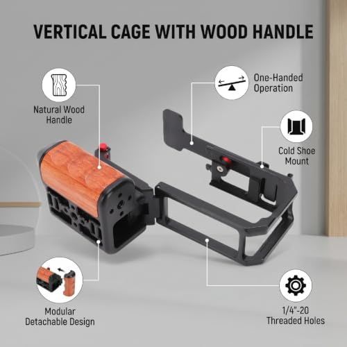 Alomejor Camera Cage with Wood Side Handle, for Action 6, Aluminum Alloy, Seesaw Shutter Extender Bar, Cold Shoe Mount, Modular Design, for Photography - Image 2
