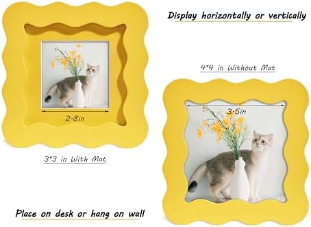 4x4 Yellow Picture Frame with Mat for 3x3, Curved Wavy Edge Deco Wooden Real Glass, Vertical or Horizontal Display Photo Gallery Wall & Tabletop Frame - Image 3