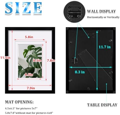 Egofine A4 Picture Frames Set of 4, Made of Solid Wood Covered by Plexiglass 5x7 and 6x8 with Mat or A4 whitout Mat, for Table Top Display and Wall Mounting Photo Frame Black - Image 3