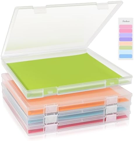 12x12 Inch Scrapbook Paper Storage, 4 Pack Plastic Paper Storage Box with Colorful Tab, Clear Stackable Paper Organizer for Paper, File, Photo, Craft Supply, Puzzle, Office Supply, Vinyl Sheet by FAAYUCK