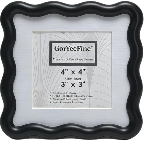 High-End Black 4x4'' Square Zinc Alloy Picture Frames,with Acid Free Mat for 3x3'',Unique Wave Design,with Premuim Soft Velvet & Backing for Tabletop or Home Decor by GorYeeFine