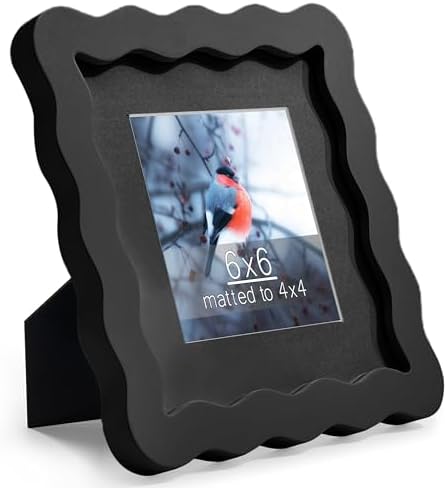 6x6 Black Picture Frame with Mat for 4x4, Curved Wavy Edge Deco Wooden Real Glass, Vertical or Horizontal Display Photo Gallery Wall & Tabletop Frame by Gdfmsc