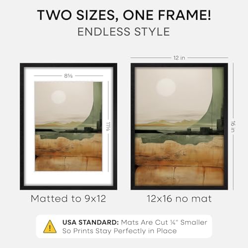 Homeforia 12x16 Black Oak Picture Frame, High-End Wood, 9x12 Mat, Glass - Image 2
