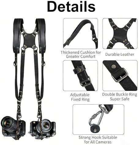 Camera Harness,Dual Camera Harness for Photographers,Leather Dual Camera Strap for Two DSLR/SLR Cameras,Adjustable - Image 3