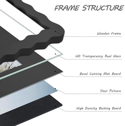 11x14 Black Picture Frame with Mat for 8x10/5x7, Curved Wavy Edge Deco Wooden Real Glass, Vertical or Horizontal Display Photo Gallery Wall & Tabletop Frame - Image 6