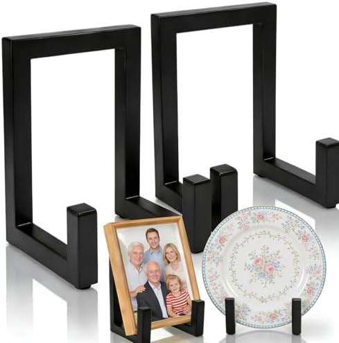 2 Pack Large Plate Stands, 8" Tall Picture Stands for Display, Industrial-Style Metal Wall Mount Photo Frame Holders, Heavy Duty Black Tabletop Easels for Pictures, Books, Platters, Artworks by ELFULLY
