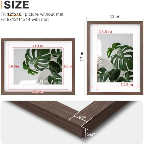 Egofine 12x16 Picture Frames Set of 4, Made of Solid Wood Covered by Plexiglass 9x12 and 11x14 with Mat or 12x16 without Mat, for Wall Mounting Photo Frame Brown - Image 3