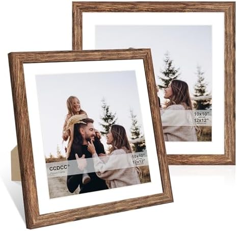 12x12 Picture Frame Set of 2, 12 x 12 Wood Photo Frames with Mat for 10x10 or 30x30cm Diamond Art Painting, Wooden Frame with Real Glass Cover for Wall and Tabletop Display,Rustic Brown by CCDCC