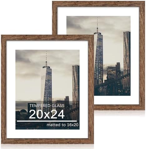 20x24 Picture Frame Set of 2, 20 x 24 Wood Poster Frames with Mat for 16x20, Wooden Photo Frames with Tempered Glass Cover for Wall Display, Rustic Brown by CCDCC
