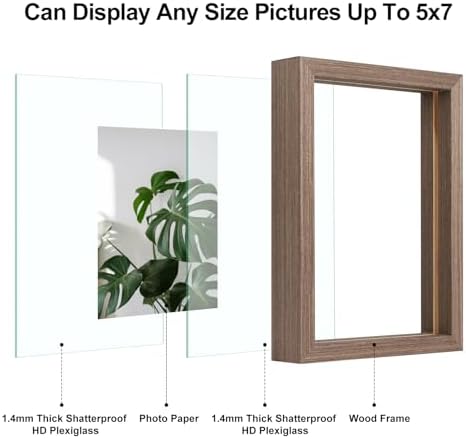 Egofine 5x7 Floating Frames Set of 2, Double Plexiglass Picture Frame, Made of Solid Wood Display Any Size Photo up to 5x7, Wall Mount or Tabletop Standing, Brown - Image 3