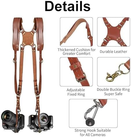 Camera Harness,Dual Camera Harness for Photographers,Leather Dual Camera Strap for Two DSLR/SLR Cameras,Adjustable - Image 3