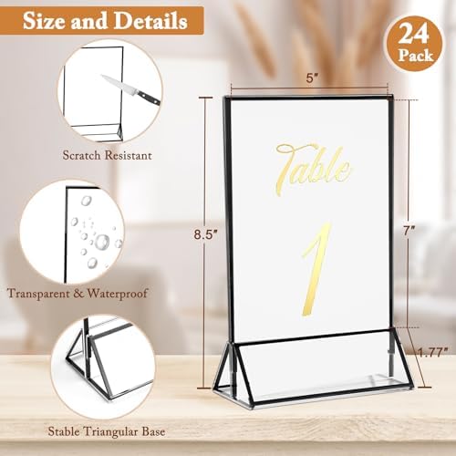 Floroom 24 Pack 5x7 Inch Clear Acrylic Sign Holders, Double-Sided Black Display Stand Picture Frames for Table Numbers, Menus, Flyers, Weddings, and Offices - Image 2