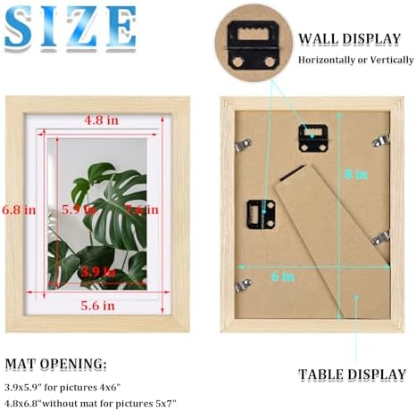 Egofine 6x8 Picture Frames Set of 4, Made of Solid Wood Covered by Plexiglass 4x6 and 5x7 with Mat or 6x8 without Mat, for Table Top Display and Wall Mounting Photo Frame Oak Wood - Image 3
