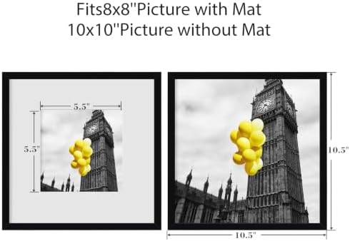 10x10 Picture Frame Set of 6 with Plexiglass, Display Pictures 8x8 with Mat or 10x10 Without Mat for Tabletop Display and Wall Mounting, Black - Image 2