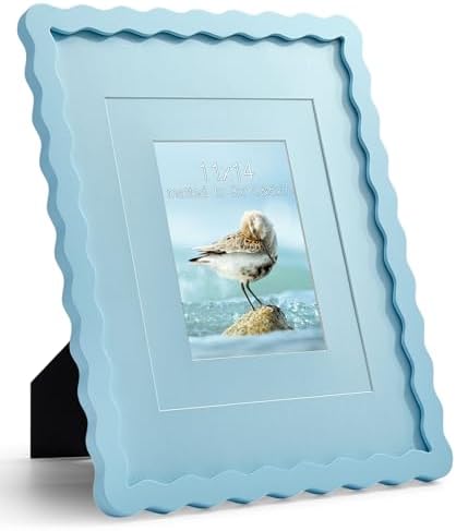 11x14 Blue Picture Frame with Mat for 8x10/5x7, Curved Wavy Edge Deco Wooden Real Glass, Vertical or Horizontal Display Photo Gallery Wall & Tabletop Frame by Gdfmsc