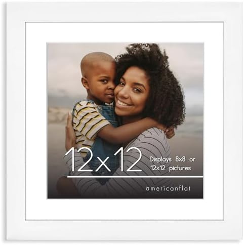 Americanflat 12x12 Picture Frame with Shatter-Resistant Glass - Use as 8x8 Frame with Mat or Display 12x12 Photo Without Mat - Signature Collection - Square Frames for Wall Display - White by Americanflat
