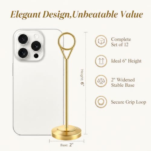 Radezon 12 Pcs Gold Table Number Holders, 6 Inch Tall Place Card Holders for Table, Sturdy Photo Picture Holders with Anti-Tip Base for Wedding Reception, Party, and Event Centerpiece - Image 2