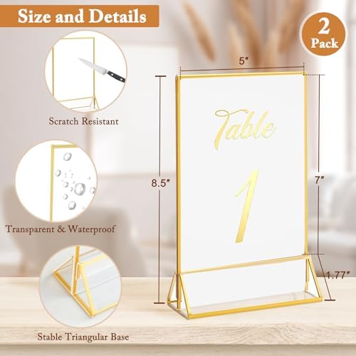 Floroom 2 Pack 5x7 Inch Clear Acrylic Sign Holders, Double-Sided Gold Display Stand Picture Frames for Table Numbers, Menus, Flyers, Weddings, and Offices - Image 2