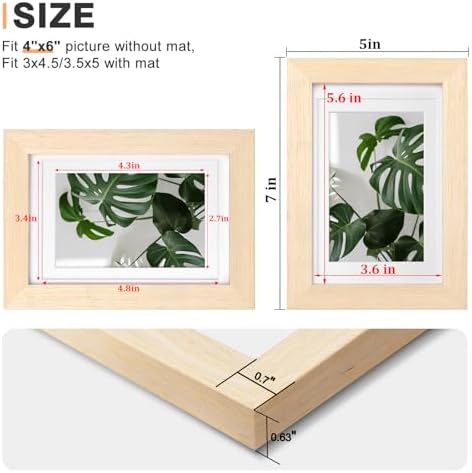 Egofine 4x6 Picture Frames Set of 4, Made of Solid Wood Covered by Plexiglass 3x4.5 and 3.5x5 with Mat or 4x6 without Mat, for Table Top Display and Wall Mounting Photo Frame, Oak Wood - Image 3