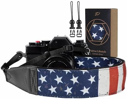 Padwa Lifestyle American Flag Print Camera Strap - 2" Full Grain Leather Ends, Vintage Flag Pattern Camera Straps for Photographers, Soft Chamois Velvet Padded Strap Quick Release fits All Cameras by PadwaLifestyleCameraStrap