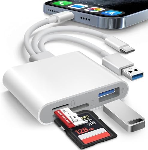 AkHolz SD Card Reader for iPhone iPad Mac Trail Game Camera Viewer Built-in 3-in-1 Connector (Lightening, USB-C and USB-A) with SD MicroSD USB-A 3 Slots, Portable No App Required Plug & Play - White by AkHolz