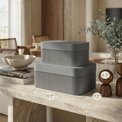 Decorative Storage Boxes with Lids - Set of 2 Fluted Photo Organizer Bins - Image 3