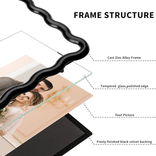 4x6'' Black Heavy Duty Photo Frame,Unique Wave Design High-End Zinc Alloy Picture Frames 6x4'',Fashionable Style Frame with Velvet & Backing for Desktop and Wall Decor - Image 4