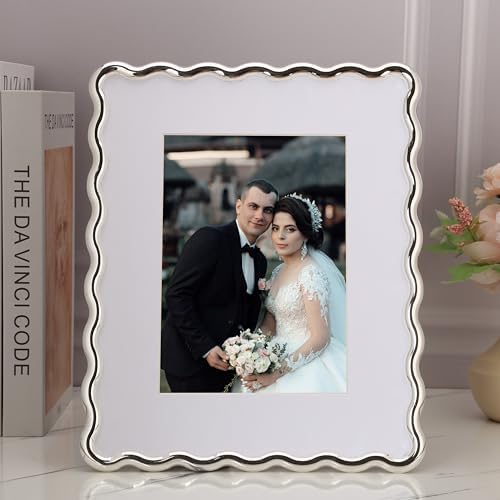 Silver 8x10'' Heavy-Duty Zinc Alloy Photo Frames with Acid Free Mat for 5x7'',Wave Design Silver Picture Frame 8x10'' with Black Velvet Backing,for Desktop and Wall Hanging - Image 2