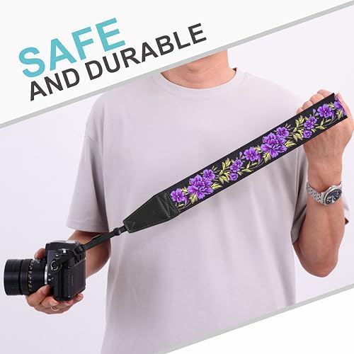 Padwa Lifestyle Purple Rose Camera Strap - 2" Full Grain Leather Ends Camera Straps for Photographers, Vintage Embroidered Cotton Soft Suede Fabric Padded Strap Quick Release fits All Cameras - Image 5