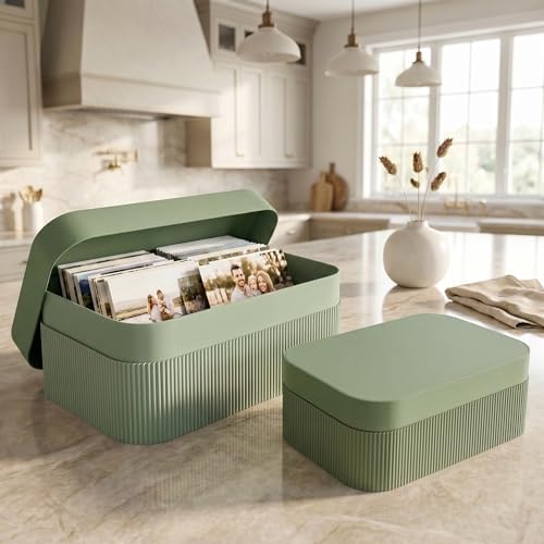 Decorative Storage Boxes with Lids - Set of 2 Fluted Photo Organizer Bins - Image 2