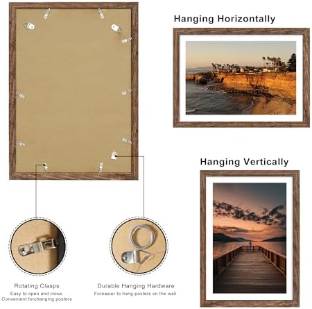 14x20 Poster Frame Set of 2, 14 x 20 Wood Picture Frames with Mat for 12x18, Wooden Photo Frame with Tempered Glass Cover for Wall Mounting Display,Rustic Brown - Image 4