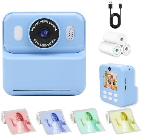 Kids Instant Print Camera,32GB Card, Dual Lens 1080P HD Video Camera for Boys Girls, Thermal Print Toy Camera, 16X Zoom, 2.4" IPS Screen, Puzzle Games, Christmas Birthday Gift for Kids 3-12(Blue) by PortableHDDigitalCameras