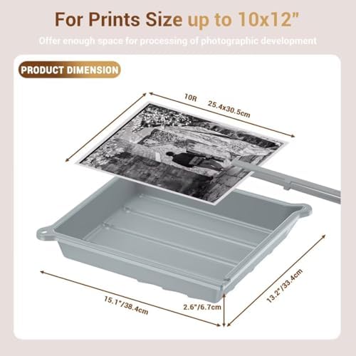 JJC 10x12” Darkroom Developing Tray for Photo Paper Prints, Film Processing Tray with Silicone Tong, Ribbed Base & Thermometer Corner, Durable PP Plastic (Gray) - Image 3